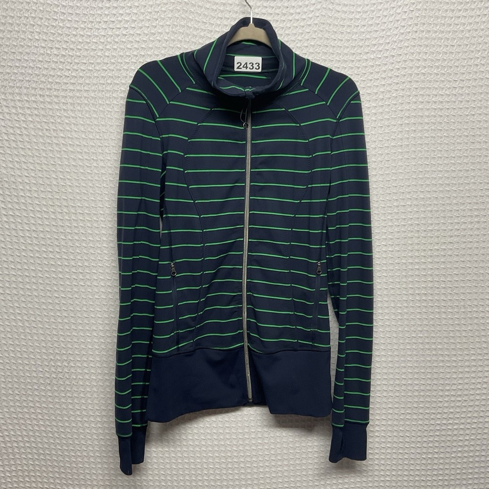 Lululemon Asana Jacket Womens Size 8 Blue Green Striped Gym Training Full Zipper